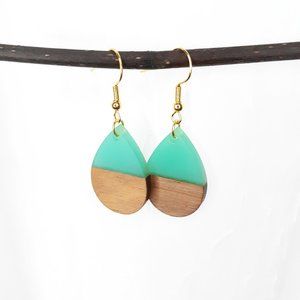 Handmade Opaque Turquoise Resin & Walnut Earrings Hypo-Allergenic Gold Tone